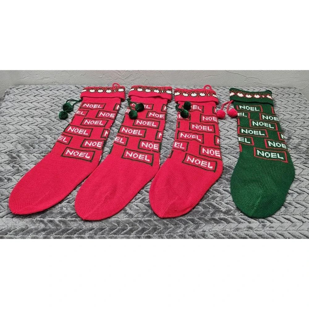 Vintage‎ 4 Knit Pom Pom Christmas Stockings Lot NOEL 3 Red 1 Green Bundle
